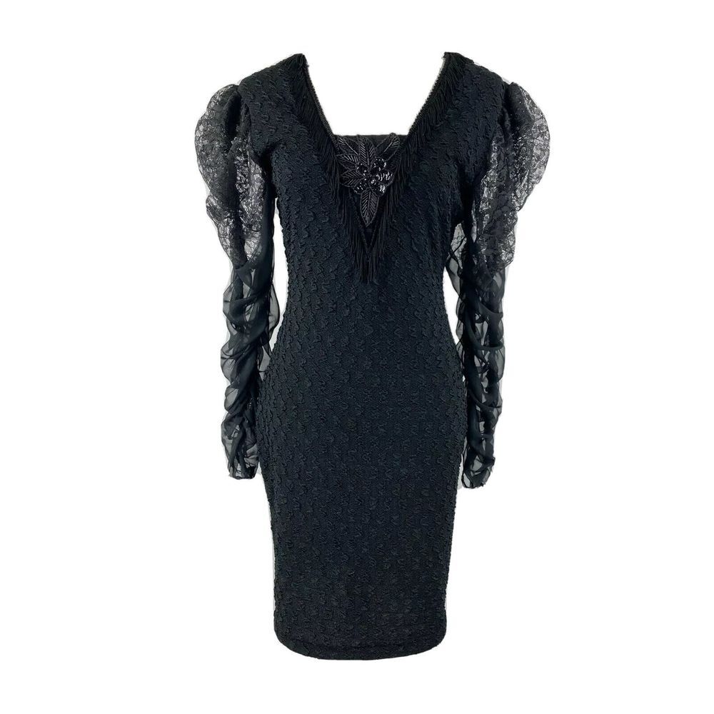 Nuance Vtg 80s Size 11 Sheer Sleeved Lace Up Beaded Fringe Goth Flapper Dress‎